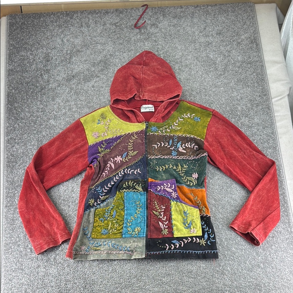 Vtg Original Design Zip Hoodie Jacket Patchwork Red Embroidered Womens M Boho